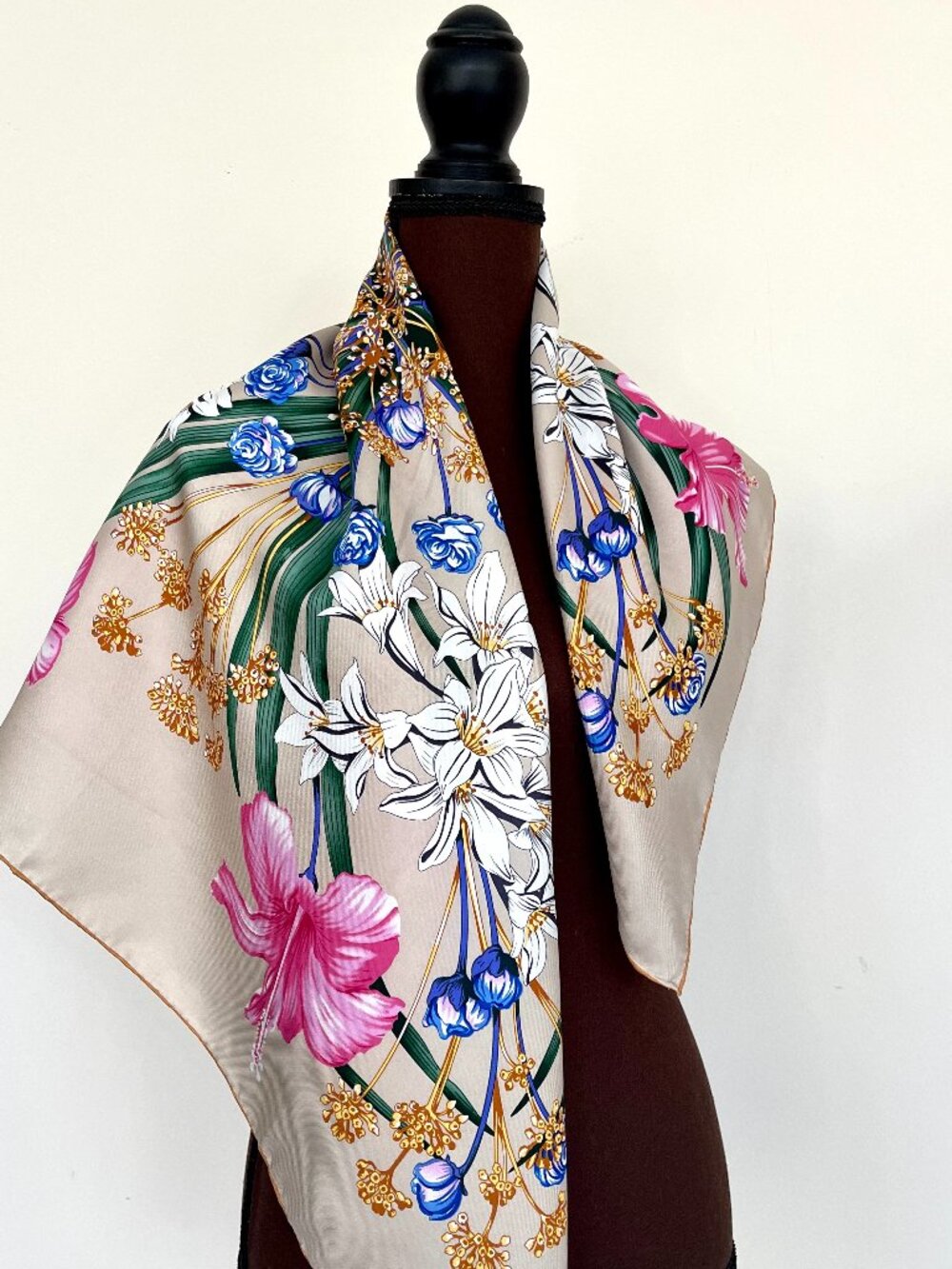 Display #4 Salvatore Ferragamo Pink Floral Silk Scarf with Gold Accents - Picture 4 of 12